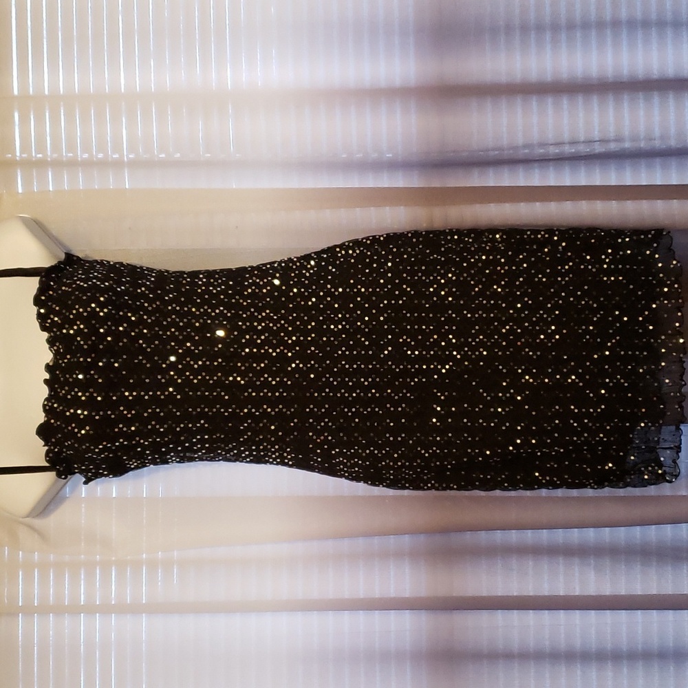 little black dress with silver sequin polka dots